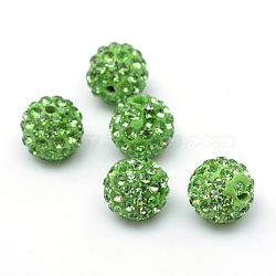 Polymer Clay Pave Rhinestone Beads, Disco Ball Beads, Peridot, PP13(1.9~2mm), 6 Rows Rhinestone, 10mm, Hole: 1.5mm(RB-Q197-10mm-13)