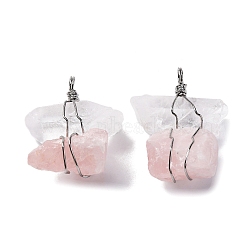 Natural Rose Quartz & Quartz Crystal Nuggets Big Pendants, Copper Wire Wrapped Charms, Platinum, Lead Free & Cadmium Free, 40~52.5x36.5~44.5x17~23.5mm, Hole: 4.5mm(G-K338-43P-05)
