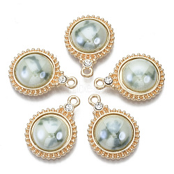 Porcelain Pendants, with Light Gold Plated Brass Findings and Crystal Rhinestone, Half Round, Dark Sea Green, 23x17x5mm, Hole: 1.8mm(KK-N235-039B)