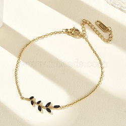 304 Stainless Steel Rhinestone Leaf Link Bracelets, PVD Vacuum Plating, Golden, Jet, 6.93 inch(17.6cm)(SA-CBA5F76-03G-02)