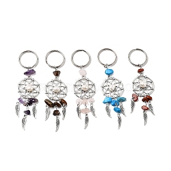 8Pcs 4 Color Alloy Natural Gemstone Pendant Decorations, with Alloy Swivel Lobster Claw Clasps, Feather with Flat Round, Antique Silver & Platinum, 107mm(KEYC-AL0010)
