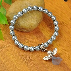 Lovely Wedding Dress Angel Bracelets for Kids, Carnival Stretch Bracelets, with Glass Pearl Beads and Tibetan Style Beads, Sky Blue, 45mm(BJEW-JB00727-01)