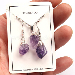 Nuggets Natural Amethyst Pendant Necklaces & Dangle Earrings Sets, Alloy Jewelry Sets, Platinum, 18.50 inch(470mm)(FS-WGD81FA-02)