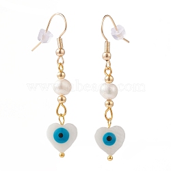 Heart with Evil Eye Dangle Earrings, with Natural Freshwater Shell Beads, Pearl Beads, Plastic Ear Nuts and Golden Plated Brass Earring Hooks, Dodger Blue, 48mm, Pin: 0.7mm(EJEW-JE04416-03)