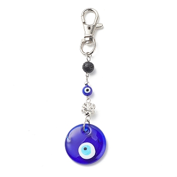 Handmade Lampwork Evil Eye Pendant Decoration, Natural Lava Rock Round Bead & Lobster Clasp Charms, for Keychain, Purse, Backpack Ornament, Flat Round, 121mm