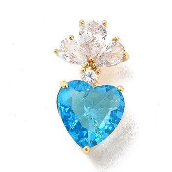 Brass Micro Pave Clear Cubic Zirconia Pendants, with Glass, Heart Charms, Real 18K Gold Plated, Blue, 24.5x13x12mm, Hole: 6x4mm