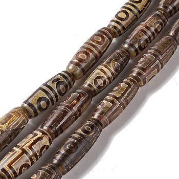 Tibetan Style dZi Beads Strands, Natural & Dyed Agate Beads, Rice, 4-Eye, 28.5~30x10mm, Hole: 2.5mm, about 10pcs/strand, 11.81''(30cm)