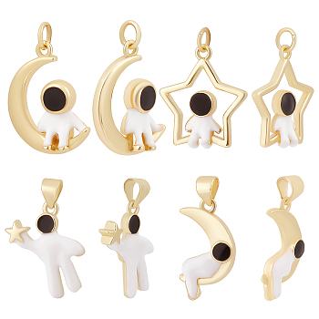 Beebeecraft 8Pcs 4 Style Astronaut Brass Enamel, with Jump Ring, Long-Lasting Plated, Real 18K Gold Plated, White, 19~21x11~18x2~5.5mm, hole: 3.4~4.7mm, 2pcs/style