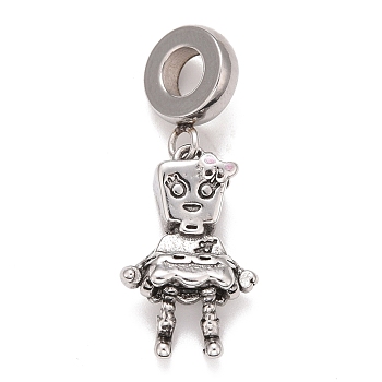 304 Stainless Steel European Dangle Charms, Large Hole Pendants, with Pink Enamel, Girl with Bowknot, Antique Silver, 29.5mm, Hole: 4mm, Girl: 18.5x11.5x5.5mm