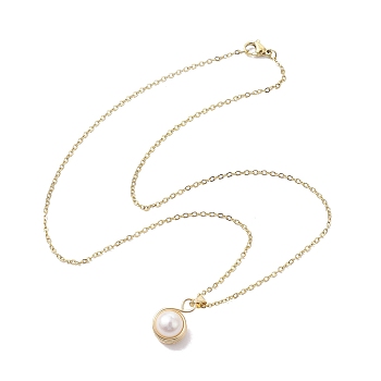 Natural Cultured Freshwater Pearl Pendant Necklaces, 304 Stainless Steel Cable Chain Necklaces, Round, Golden, 17.91 inch(45.5cm)