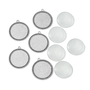 DIY Blank Tibetan Style Alloy Pendants Making Kit, Antique Silver, Round, Tray: 35mm, 46x42x2mm, Hole: 3mm