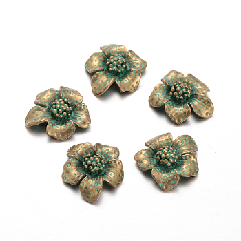Flower Alloy Cabochons, Nickel Free, Antique Bronze & Green Patina, 20x19x6mm