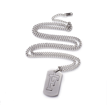 304 Stainless Steel Split Initial Pendant Necklaces, with Lobster Claw Clasps and Curb Chains, Rectangle with Letter, Letter.F, 27.55 inch(70cm), Pendant: 41x23x2mm