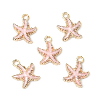 Alloy Enamel Pendants, Starfish, Light Gold, Pink, 18x15x3mm, Hole: 2.5mm
