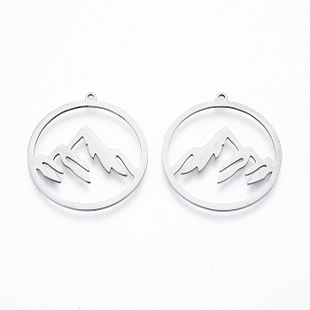 201 Stainless Steel Pendants, Ring with Mountain Charm, Stainless Steel Color, 27.5x26x1mm, Hole: 1.4mm