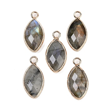 Natural Labradorite Faceted Pendants, Brass Horse Eye Charms, Golden, 22.5x10.5x5~5.5mm, Hole: 2mm