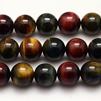 Natural Tiger Eye Beads Strands, Grade AB+, Dyed, Round, Mixed Color, 12mm, Hole: 1mm
