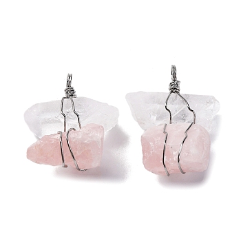 Natural Rose Quartz & Quartz Crystal Nuggets Big Pendants, Copper Wire Wrapped Charms, Platinum, Lead Free & Cadmium Free, 40~52.5x36.5~44.5x17~23.5mm, Hole: 4.5mm