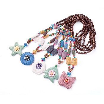 Natural Lava Rock Pendant Necklaces, with Wood Beads, Mixed Shapes, Mixed Color, 29.9~30.4 inch'(76~77.4cm), 6~6.5mm