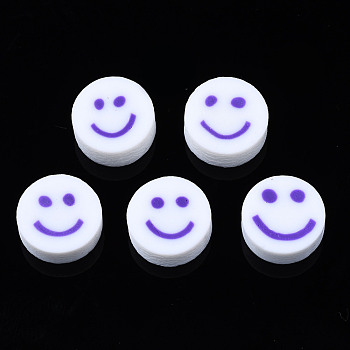 Handmade Polymer Clay Beads, for DIY Jewelry Crafts Supplies, Flat Round with Smiling Face, Slate Blue, 10x4~4.5mm, Hole: 1.8mm