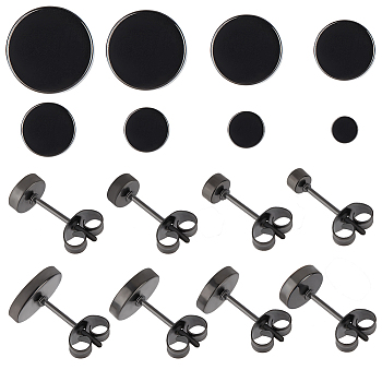 32Pcs 8 Styles 316 Surgical Stainless Steel Stud Earrings for Women, Flat Round, Black, 3~10mm, 4pcs/style