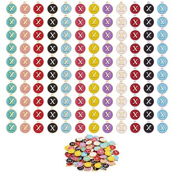 120Pcs 12 Colors Golden Plated Alloy Charms, with Enamel, Enamelled Sequins, Flat Round with Letter, Letter.X, 14x12x2mm, Hole: 1.5mm, 10pcs/color