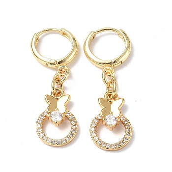 Clear Cubic Zirconia Ring with Butterfly Dangle Hoop Earrings, Rack Plating Brass Jewelry for Women, Golden, 35mm, Pin: 0.9mm