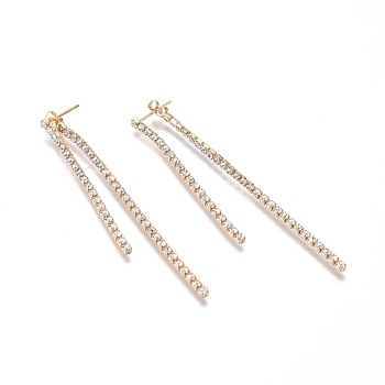 Brass Dangle Ear Studs, Long-Lasting Plated, with Grade A Rhinestone Cup Chains and Ear Nuts, Bar, Golden, 51x2x2mm, Pin: 0.8mm