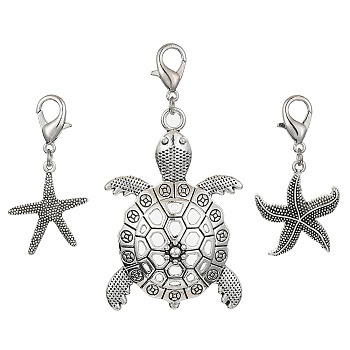 Starfish & Tortoise Alloy Pendant Decorations, with Alloy Lobster Claw Clasps, Antique Silver, 43~74mm, 3pcs/set