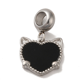 304 Stainless Steel European Dangle Charms, Large Hole Pendants with Black Heart Shaped Acrylic, Cat Head, Stainless Steel Color, 22mm, Pendant: 13.5x14x3mm, Hole: 4.5mm