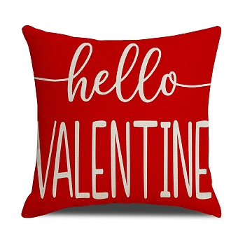 Valentine's Day Burlap Pillow Covers, Square Pillowcase with Zipper, Word Hello Valentine, Crimson, 450x454x2mm