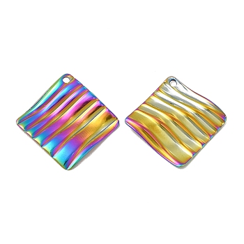Ion Plating(IP) 304 Stainless Steel Pendants, Grooved Rhombus Charm, Rainbow Color, 22x22x2.5mm, Hole: 1.4mm