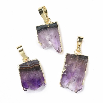 Rough Raw Natural Amethyst Slice Pendants, with Eco-Friendly Brass, Lead Free & Cadmium Free, Golden, 18~24x11.5~14.5x3.5~5mm, Hole: 7.5x5mm
