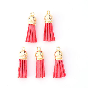 Faux Suede Tassel Pendant Decorations, with CCB Plastic Cord Ends, Light Gold, Indian Red, 33~35x10mm, Hole: 2.5mm