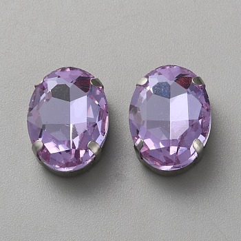 Sew on Rhinestone, Faceted Glass Rhinestone, Multi-Strand Links, with Platinum Tone Alloy Settings, Oval, Amethyst, 18x13x7mm, Hole: 1mm