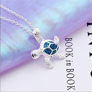 Silver Alloy Enamel Pendant Necklace, Tortoise, Blue, 19.29 inch(49cm)