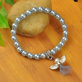 Lovely Wedding Dress Angel Bracelets for Kids, Carnival Stretch Bracelets, with Glass Pearl Beads and Tibetan Style Beads, Sky Blue, 45mm