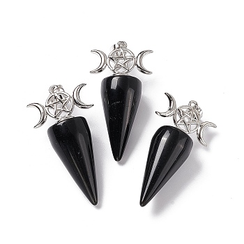 Natural Obsidian Pendants, Cone Charms, with Platinum Tone Brass Triple Moon with Star Findings, Cadmium Free & Nickel Free & Lead Free, 47~50x23x14.5~15mm, Hole: 7.5x5mm