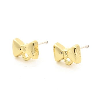 Alloy Stud Earrings Findings, with 925 Sterling Silver Pins and Loops, Bowknot, Golden, 7x10mm, Hole: 1.5mm, Pin: 0.7mm