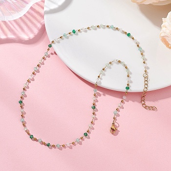 Handmade Faceted Rondelle Glass Beaded Link Chain Necklaces, 304 Stainless Steel Jewelry, Golden, Green, 15.75 inch(40cm)