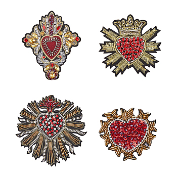 4Pcs 4 Style Polyester Cloth Patches, Glass Beaded Appliques, Stick On Patch, with Rhinestone, Costume Accessories, Heart, Mixed Patterns, 72~175x80~180x5.5mm, 1pc/style