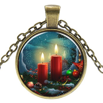 Christmas Theme Glass Pendant Necklaces, with Alloy Findings, Flat Round with Candle, Antique Bronze, 17.7 inch(45cm), Pendant: 27mm
