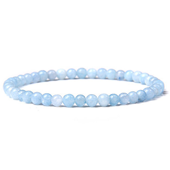 4mm Round Natural Aquamarine Beads Bracelet for Men, European and American Retro Simple Versatile Stretch Bracelets, 7-1/2 inch(19cm)