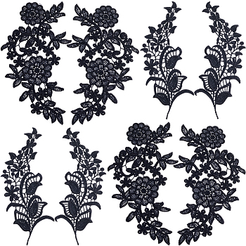 4 Pairs 2 Style Polyester Embroidery Flower Lace Appliques, Sew on Ornament Accessories, Black, 246~245x90~136x1.2~1mm, 2 pairs/style