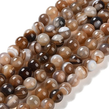 Natural Striped Agate/Banded Agate Beads Strands, Dyed, Round, Camel, 6mm, Hole: 0.8mm, about 32pcs/strand, 7.60''(19.3cm)