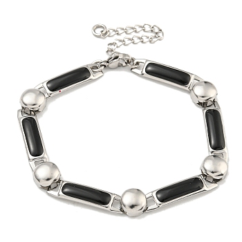 304 Stainless Steel Enamel Rectangle Link Chain Bracelets with Glitter Powder, Black, 7-1/8 inch(18cm)