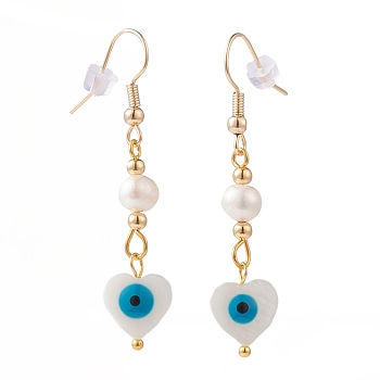 Heart with Evil Eye Dangle Earrings, with Natural Freshwater Shell Beads, Pearl Beads, Plastic Ear Nuts and Golden Plated Brass Earring Hooks, Dodger Blue, 48mm, Pin: 0.7mm