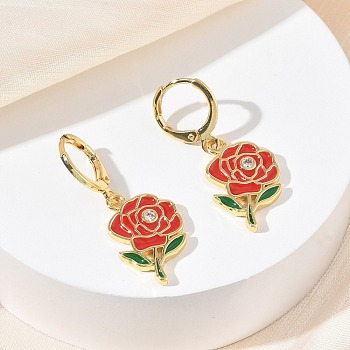 Valentine's Day Brass Enamel Hoop Earrings for Women, Rose Flower, Golden, 32.5x12.5mm