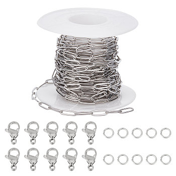 DIY Chain Bracelet Necklace Making Kit, Including 304 Stainless Steel Paperclip Chains & Jump Rings & Clasps, Stainless Steel Color, Chains: 10x3x0.5mm, 5M/set