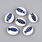 Handmade Porcelain Beads, Hand Painted Ceramic Beads, Famille Rose Porcelain, Oval & Fish, Dark Blue, 20x16~16.5x5.5~6mm, Hole: 1.4~1.6mm(X-PORC-T134-03)